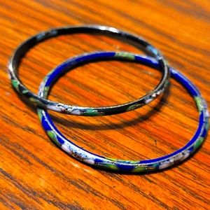 Floral Metal Bangles - Set of 2 - Blue, Black